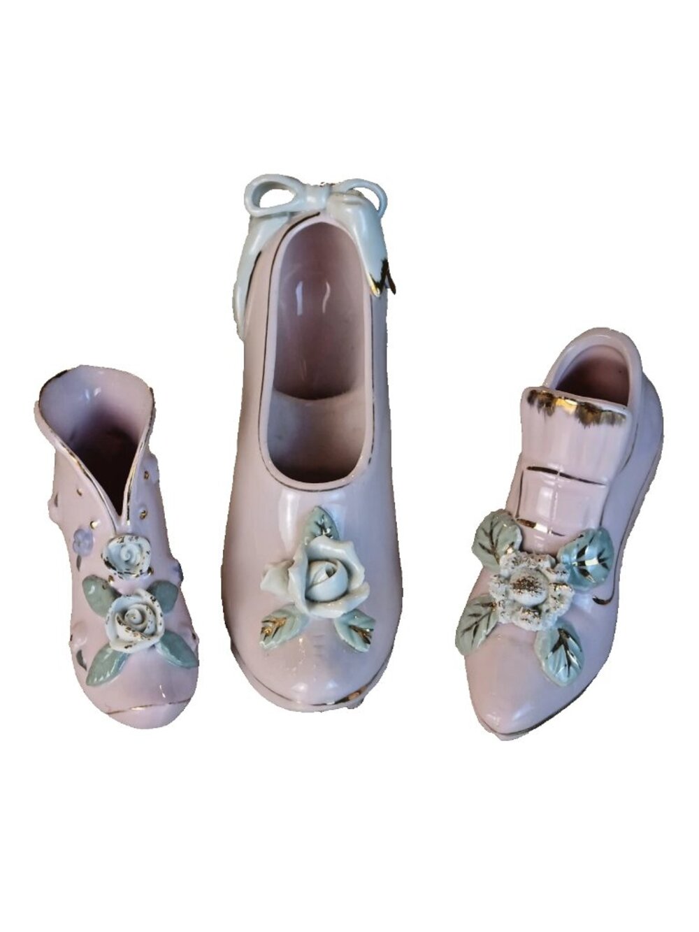 3 Vintage Pink Floral Ceramic Shoe Figurines 3,4, 6 inch Japan Mid Century